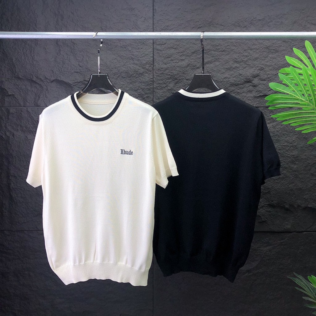 JXFX Rhude แฟชั่นเสื้อกันหนาวแขนสั้นเสื้อถักหน้าอกลาย Jacquard Unisex สไตล์เดียวกัน
