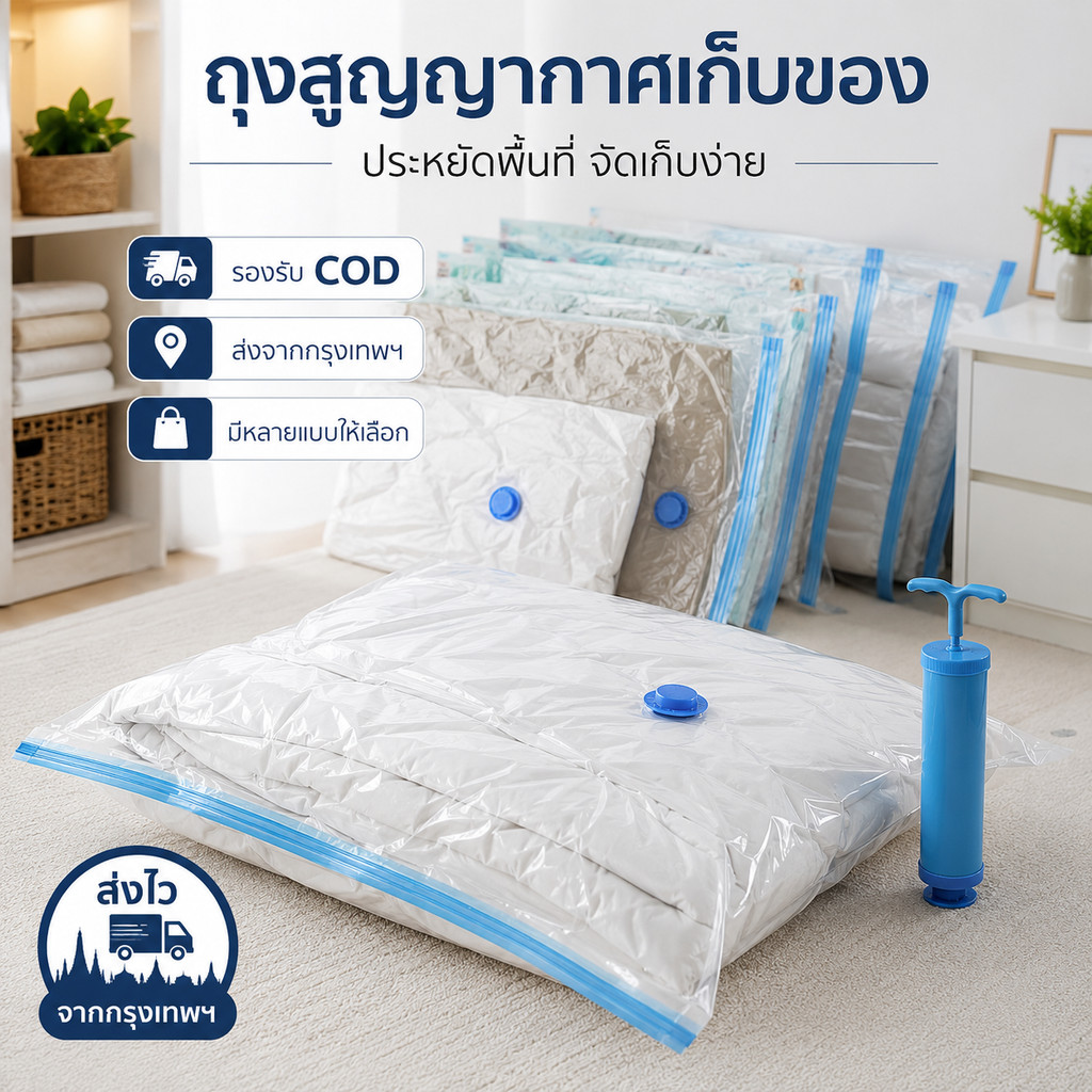 ถุงสูญญากาศเก็บเสื้อผ้า ใช้ซ้ำได้ ถุงจัดเก็บประหยัดพื้นที่ 50% ถุงสูญญากาศเดินทาง พร้อมส่ง COD