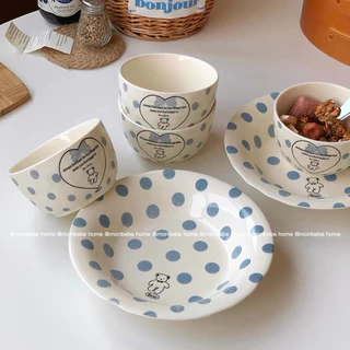 จานขนม จานเซรามิค insหมีลายจุดสีฟ้าน่ารัก สไตล์เกาหลี พร้อมส่ง