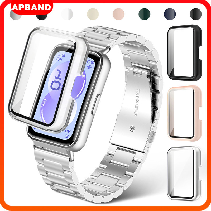 สายนาฬิกาสแตนเลส กระจกคั่ว เคสพีซี for Huawei Band 11 11 Pro /10 9 8 NFC สายนาฬิกาโลหะระบายอากาศ แผ่นป้องกันหน