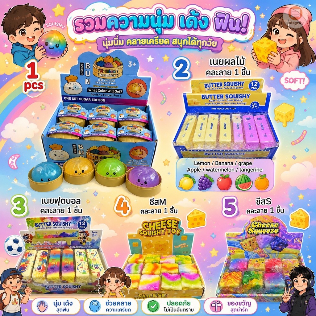 สกุชชี่แบบสุ่ม คละลาย 1 ชิ้น มีหลากหลายแบบ ซาลาเปาตัวฮิต / บัตเตอร์ผลไม้ / ชีสสายรุ้ง ไซส์ S/M เนื้อหนึบ บีบเพลิน