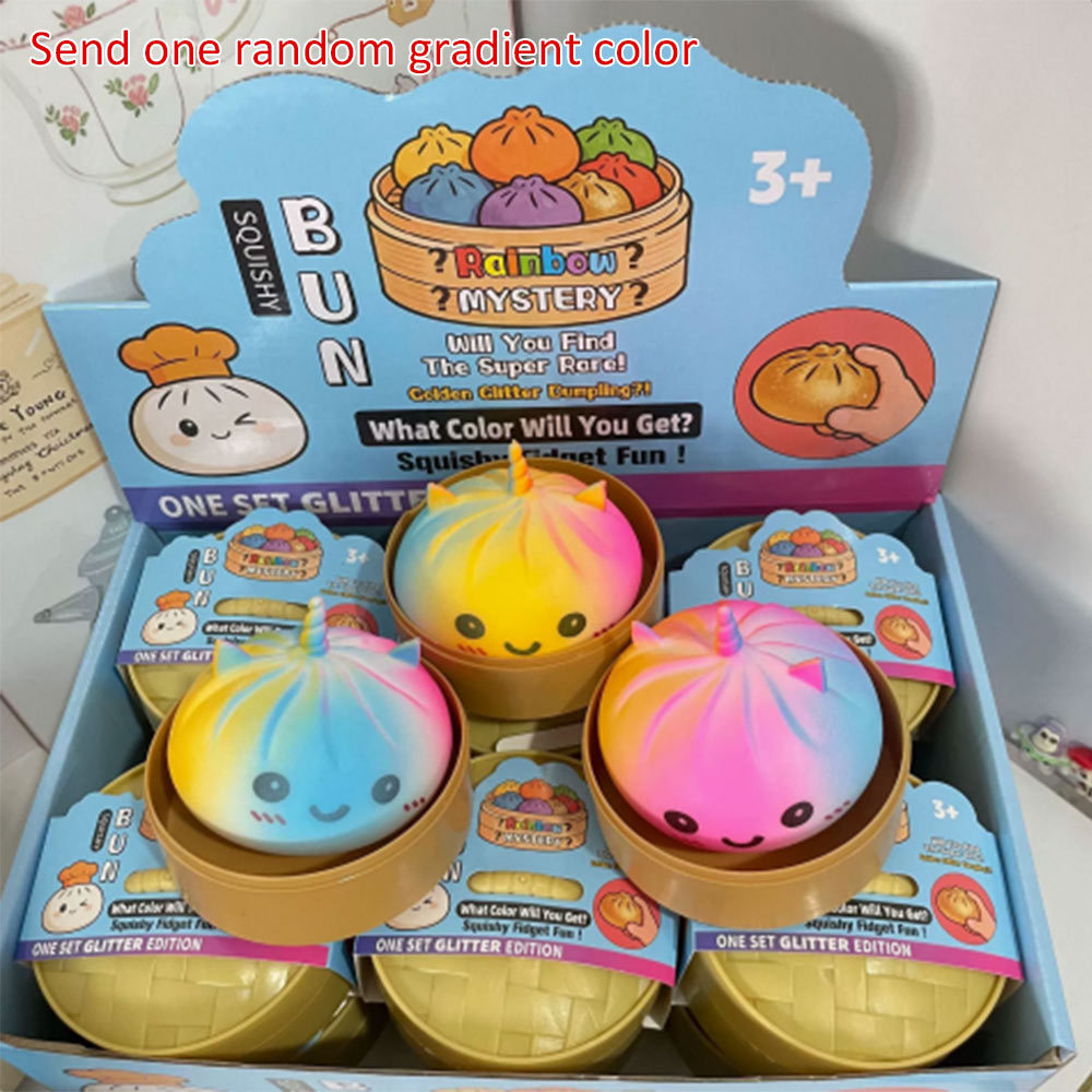 Unicorn Horn Squishy Bun Toy, Rainbow Mystery Surprise Squeeze Dumpling Fidget Toy Anxiety Relief To