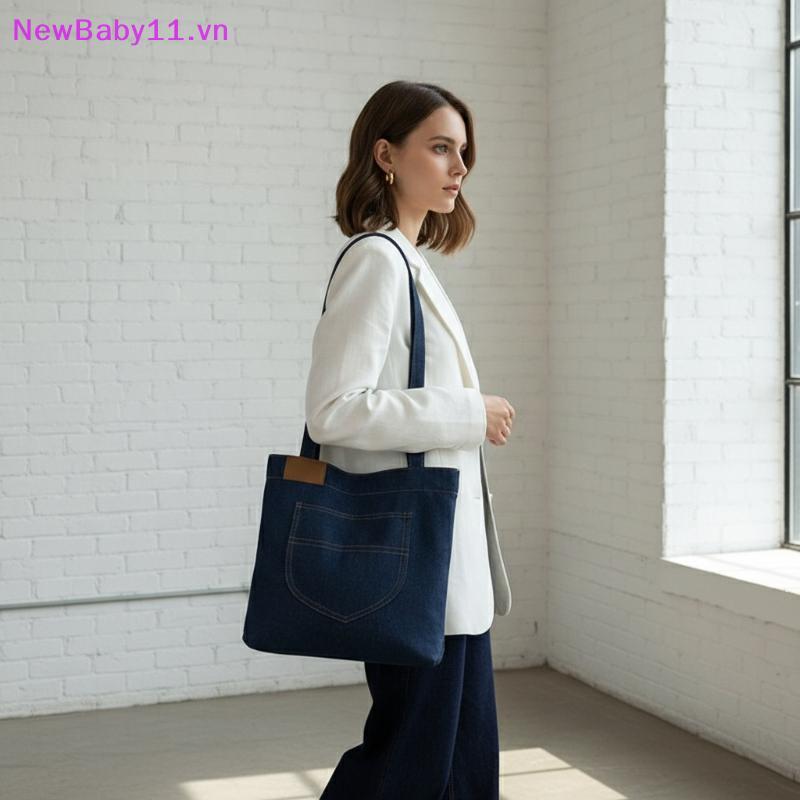 NewBaby Dark Blue Denim Tote Bag Tear Resistance Front Patch Poet Wide Sturdy Straps for Work School