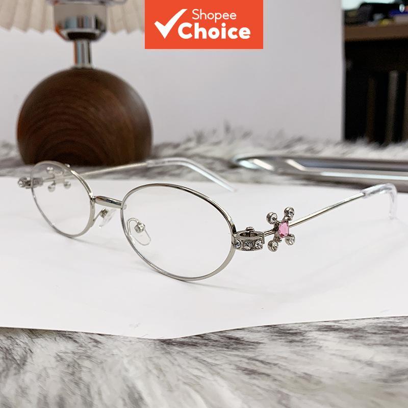 งานฝีมือใหม่: แว่นตากันแสงสีฟ้าทรงรีโลหะประดับเพชรสําหรับผู้หญิง แฟชั่นระดับพรีเมียม