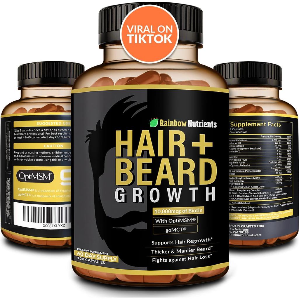 ผม + วิตามินการเจริญเติบโตของเคราสําหรับผู้ชาย | ไบโอติน 10,000mcg คอลลาเจน จดสิทธิบัตร OptiMSM®, go
