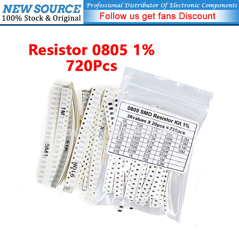[720PCS] 0805 SMD Resistor Assorted Kit 36ValuesX 20PCS 1% 1R 3.3M 10R 3.3R 33K 51R 100K 100R 330R 5