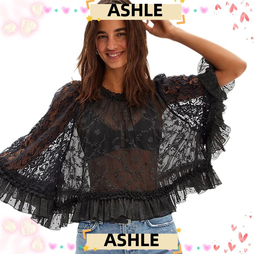 ASHLE แขนยาว, Y2k ปุ่มขึ้น Ruffle Trim เสื้อแฟชั่น O คอลูกไม้ Sheer Crop Tops ผู้หญิง