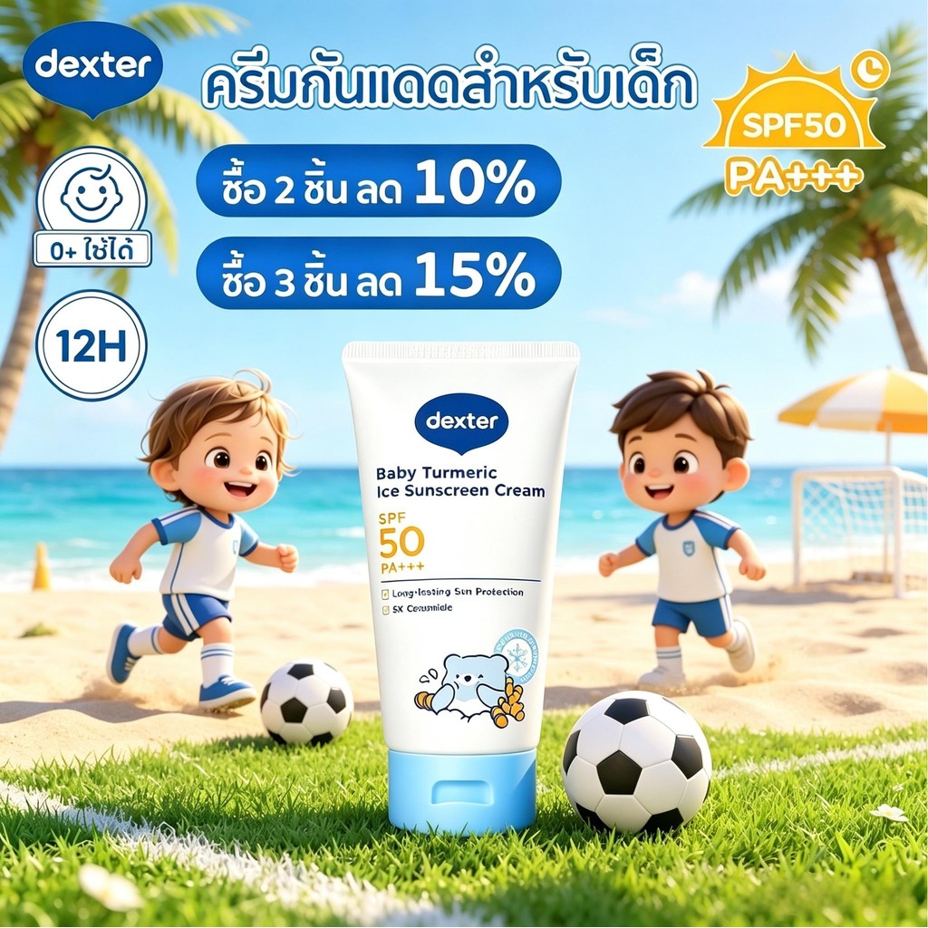 Dexter ครีมกันแดดเด็ก SPF50+ PA+++ สกัดขมิ้นธรรมชาติ ชุ่มชื้นยาว 12 ชม. สูตรอ่อนโยน