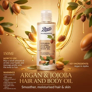 Boots Ingredients Argan & Jojoba Hair And Body Oil 150Ml บู๊ทส์ อินกรีเดียนส์ อาร์แกน แอนด์ โจโจบา บอดี้ ออยล์