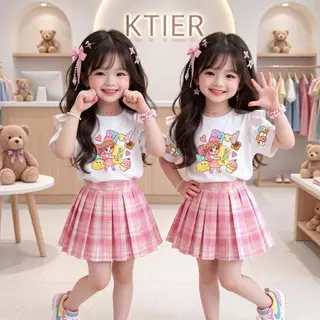 ชุดเซ็ทเด็ก2ชิ้น เสื้อลายสกุชชี่ Squishy สุดฮิต แขนปีกนก+กระโปรงอัดพลีท