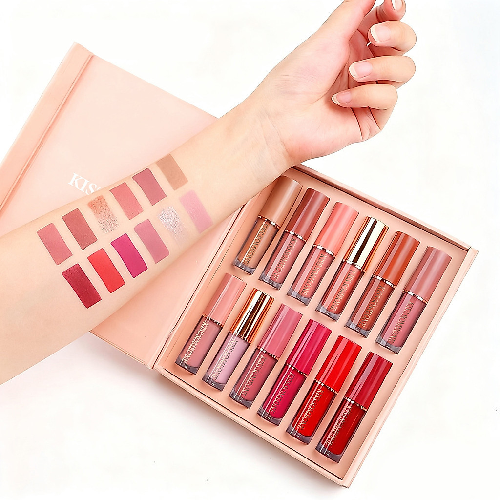 ชุดลิปกลอส 12 สี รูปทรงหนังสือ ลิปสติกเนื้อแมตต์ไม่ติดแก้ว พร้อมประกายมุก