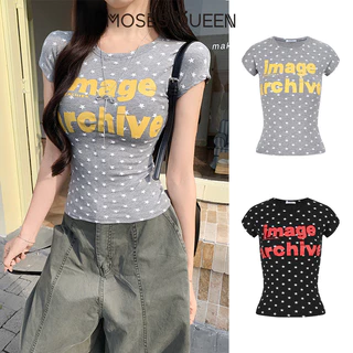 MOSESQUEEN เสื้อยืดแขนสั้นคอกลมพิมพ์ลายดาวตัวอักษรสําหรับผู้หญิง - เสื้อคอกลมพิมพ์ลายเข้ารูปฤดูร้อน #63747