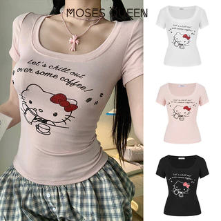 MOSESQUEEN เสื้อยืดแขนสั้นคอวีเผ็ด KT cat ทรงสวปท์สไตล์อเมริกัน ทรงเข้ารูป ทรงเข้ารูป ทรงเข้ารูป เอว-cinching top #63753