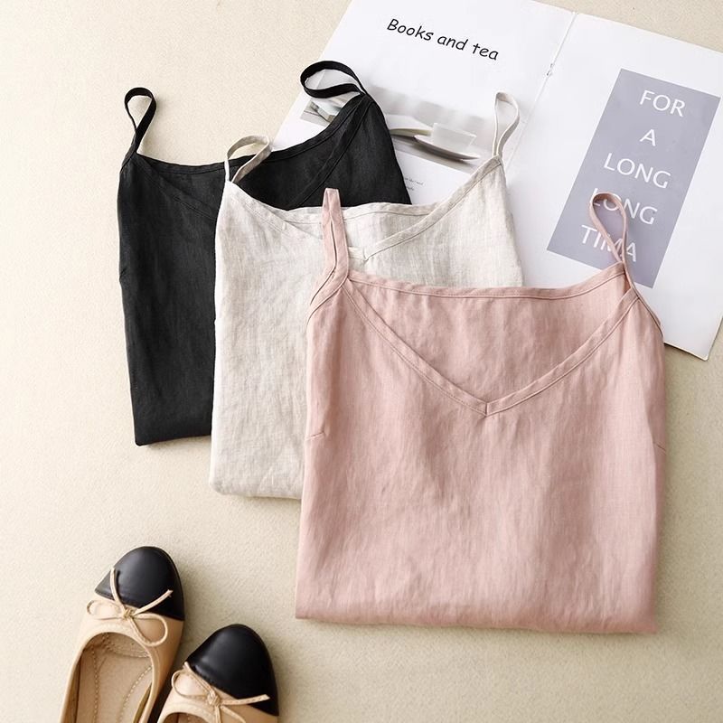 ผู้หญิงหลวมผ้าลินิน V คอ Cami Top น้ําหนักเบาแขนกุด Layering เสื้อกั๊กฤดูร้อน Boho อินเทรนด์