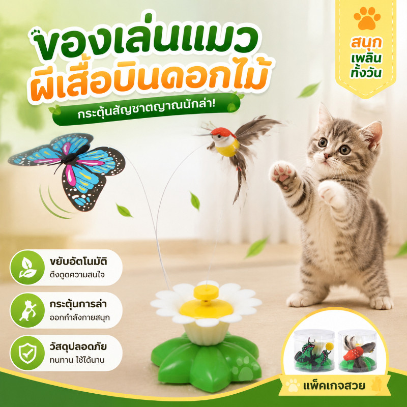 COD ของเล่นแมว ของเล่นแมวไฟฟ้า หมุนได้ นก ผีเสื้อรอบดอกไม้ เล่นเพลิน อินเทอร์แอคทีฟสุดๆ กระตุ้นสัญชาตญาณแมว