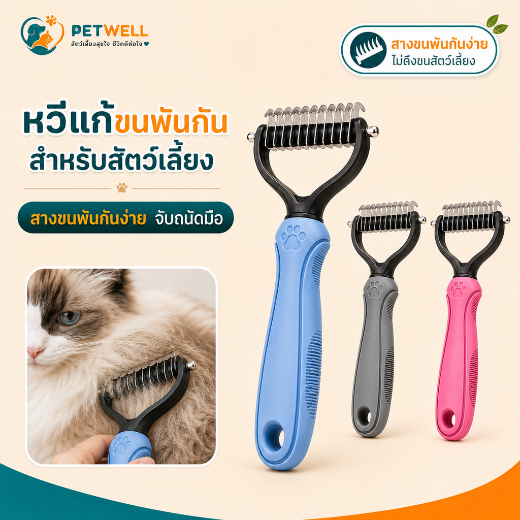 หวีแปรงขนสัตว์ PETWELL หวีสุนัข หวีแมว กำจัดขนพันกัน หวีสองด้าน ซี่สแตนเลส ด้ามจับถนัดมือ