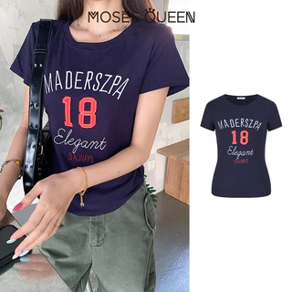 MOSESQUEEN มอสเช่ เสื้อยืดแขนสั้นพิมพ์ลายสไตล์อเมริกันสําหรับผู้หญิงฤดูร้อนเข้ารูปและสลิมมิ่งเสื้อคอกลม #63767