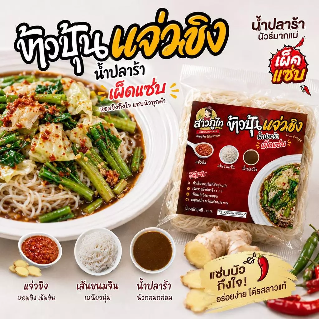 ข้าวปุ้นแจ่วขิง แซ่บสะเดิด ครบชุด ปลาร้า+น้ำปลาร้า+พริกขิง