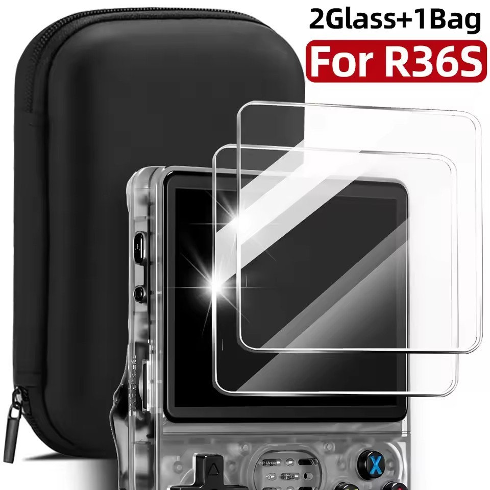 4 IN 1 Case+Glass for R36S Game - กระจกนิรภัยป้องกันรอยขีดข่วน - Travel Carrying Storage Bag & Scree