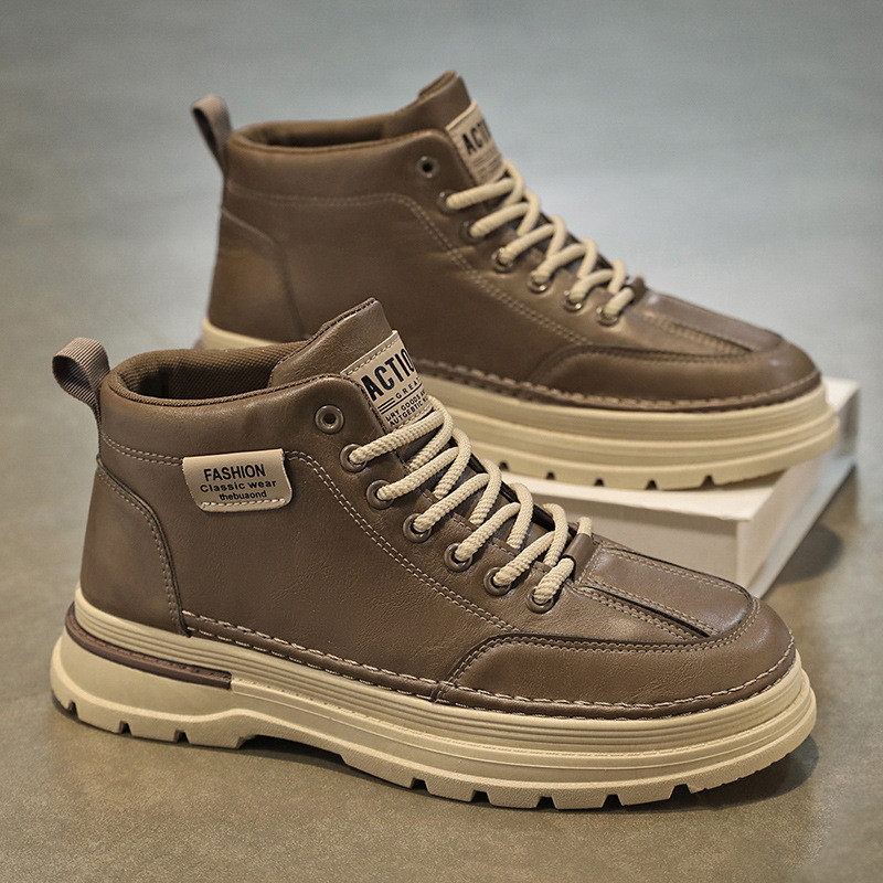 ฤดูใบไม้ร่วงสไตล์ใหม่ High-Top ผู้ชายอินเทรนด์ All-Match Anti-Slip หนัง Casual Workwear บูตสั้น