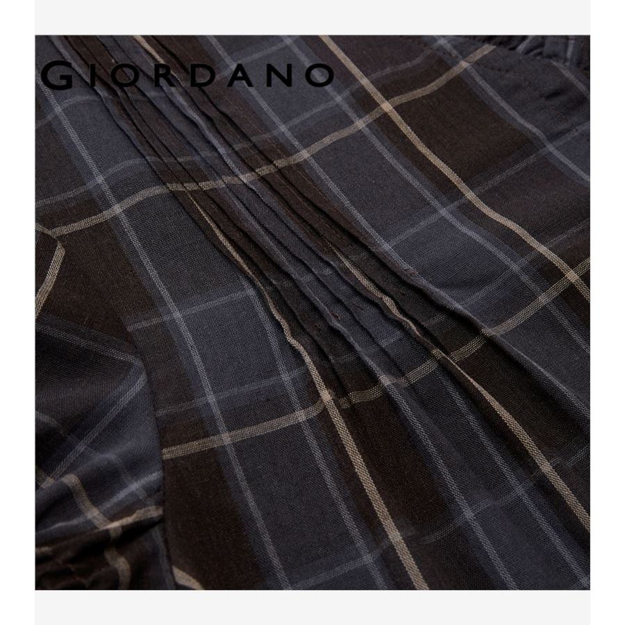 GIORDANO بلوزة نسائية كاروهات فينتج بياقة V وكشكش — صورة 7