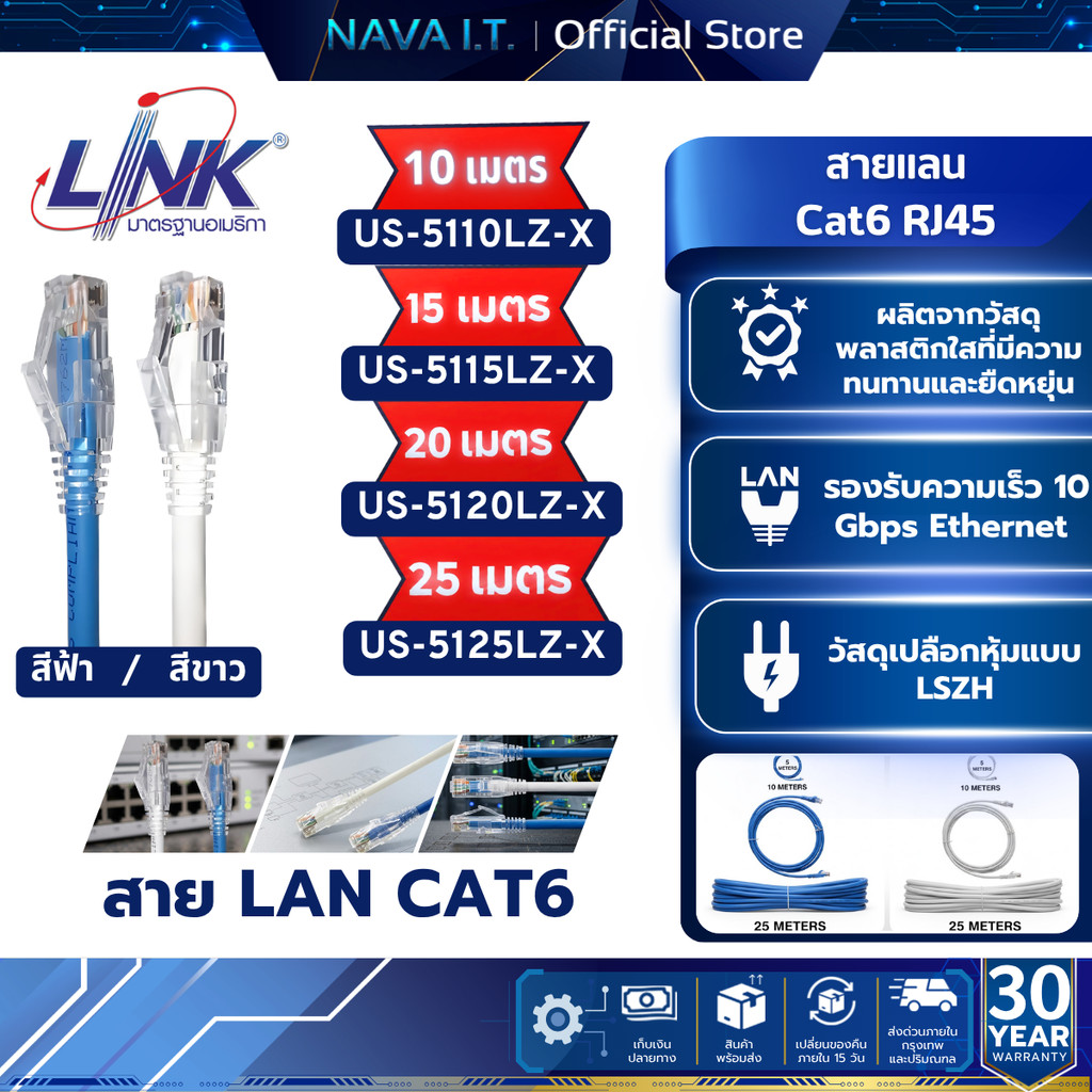 LINK US-5110LZ-X 10/15/20/25 เมตร CAT6 RJ45 PATCH CORD LSZH LAN CABLE สายแลนคุณภาพดี