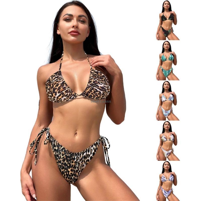 CH* ผู้หญิง 2 ชิ้น Strappy ชุดว่ายน้ําตัด Beachwear Halter คอชุดบิกินี่