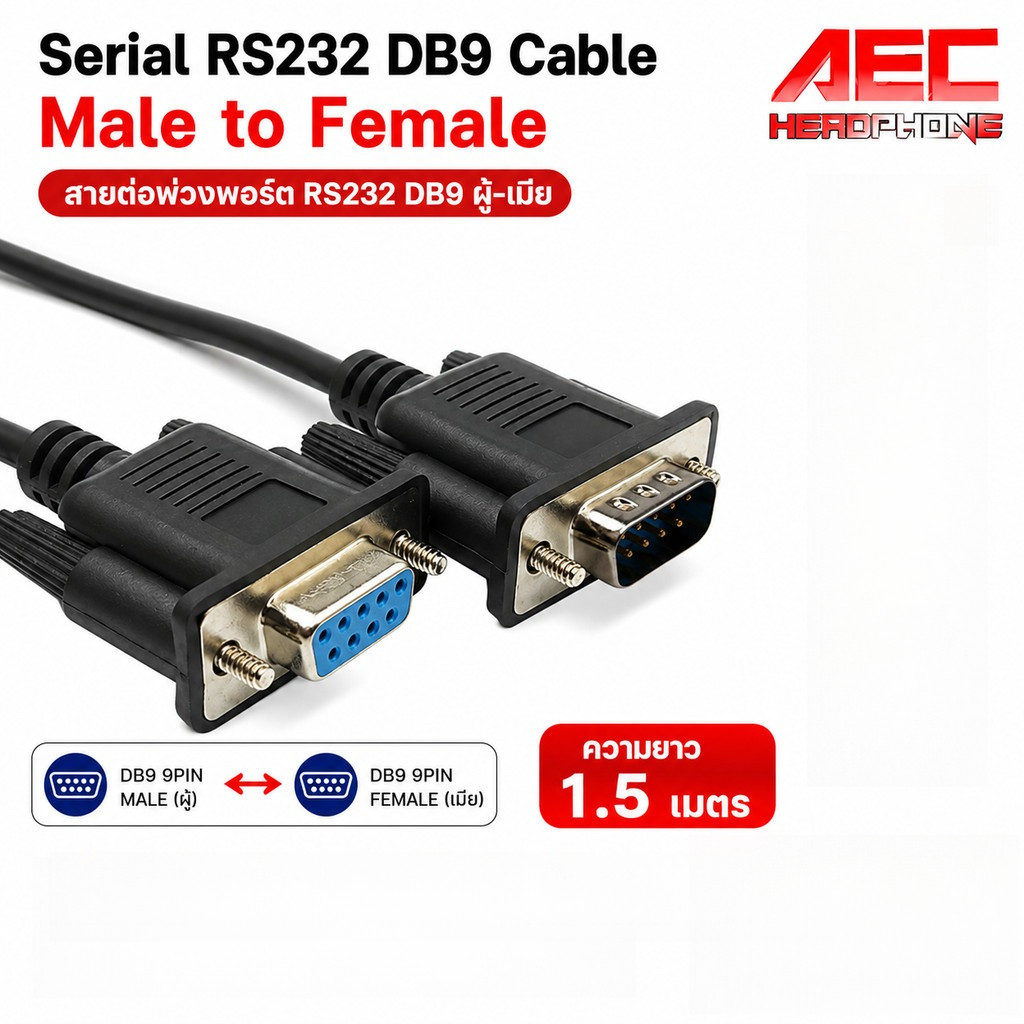 สาย DB9 RS232 9 Pinผู้-เมีย ยาว1.5 เมตร Serial Cable ต่อคอม/PLC/POS แบบตรง (Straight)