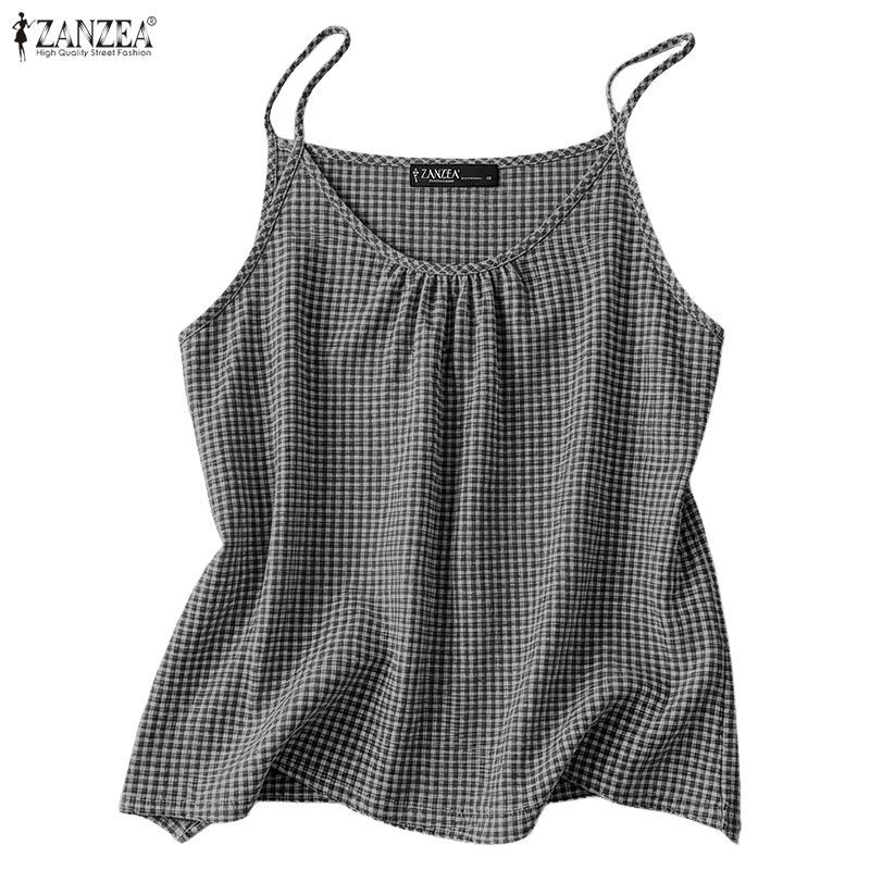 ZANZEA ผู้หญิงฤดูร้อนเกาหลี Retro V คอลายสก๊อตแขนกุด Holiday Beach Casual Camisole & Tube — صورة 6