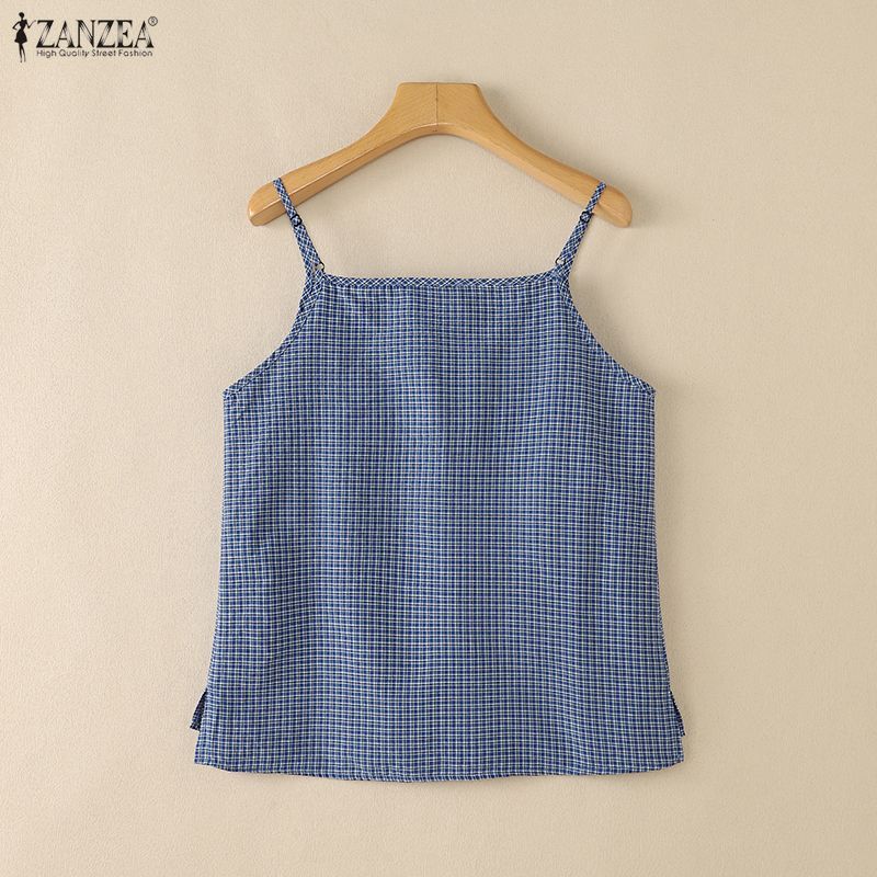 ZANZEA ผู้หญิงฤดูร้อนเกาหลี Retro V คอลายสก๊อตแขนกุด Holiday Beach Casual Camisole & Tube — صورة 8