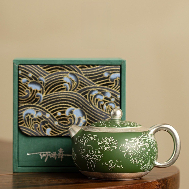 He Fusen Porcelain กระเป๋ายาง 999 Silver Dark Green ปลาสาหร่ายรูปแบบ Xishi หม้อฝาครอบชาม Master ถ้วย