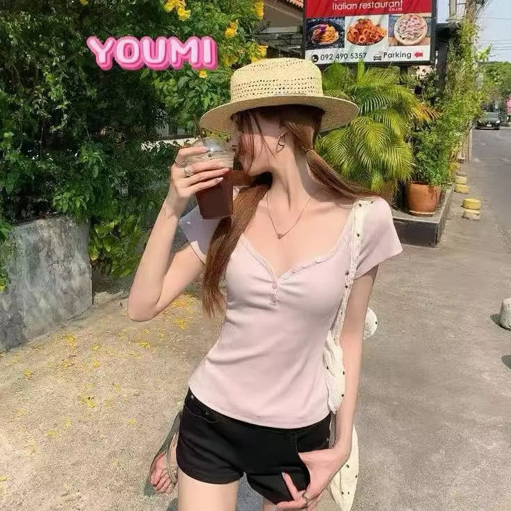 เสื้อยืดคอวีทรงเข้ารูปสีทึบผู้หญิง ฤดูร้อนสลิมเมอร์ลำลอง ดูเสื้อยืดผู้หญิง YOUMI