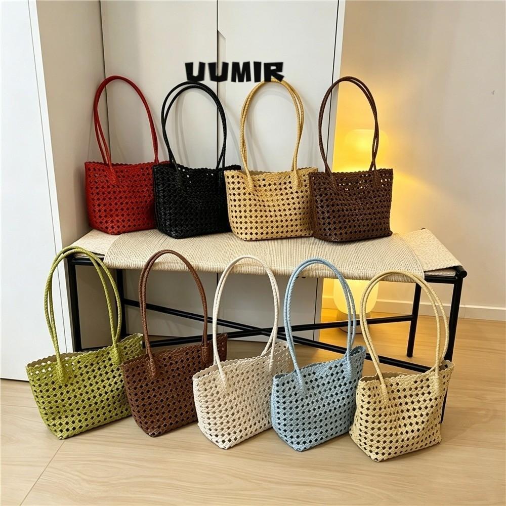 UUMIR กระเป๋าสะพาย Hollow out, PU ที่ถอดออกได้สายทอ Tote Bag, Beach Vacation Dark Brown Summer Outing กระเป๋าสะพายสตรีทุกวัน