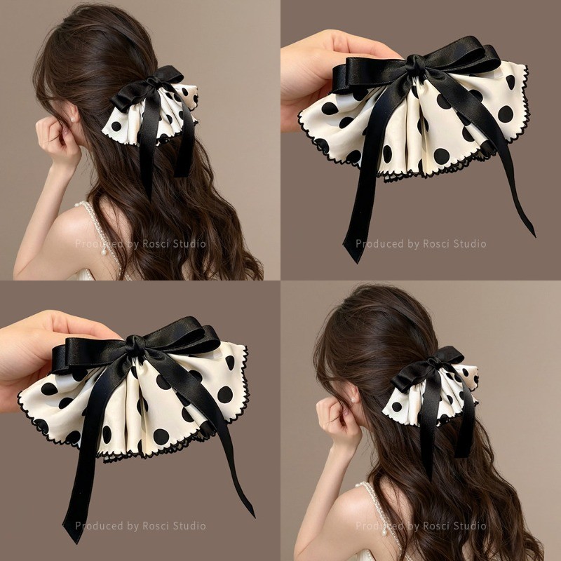 2026 สไตล์ใหม่ High-End Back Head Half-Tie ผมฤดูใบไม้ผลิคลิป Headdressภาษาฝรั่งเศสคํา Polka Dot Bow Streamer กิ๊บติดผมหญิง