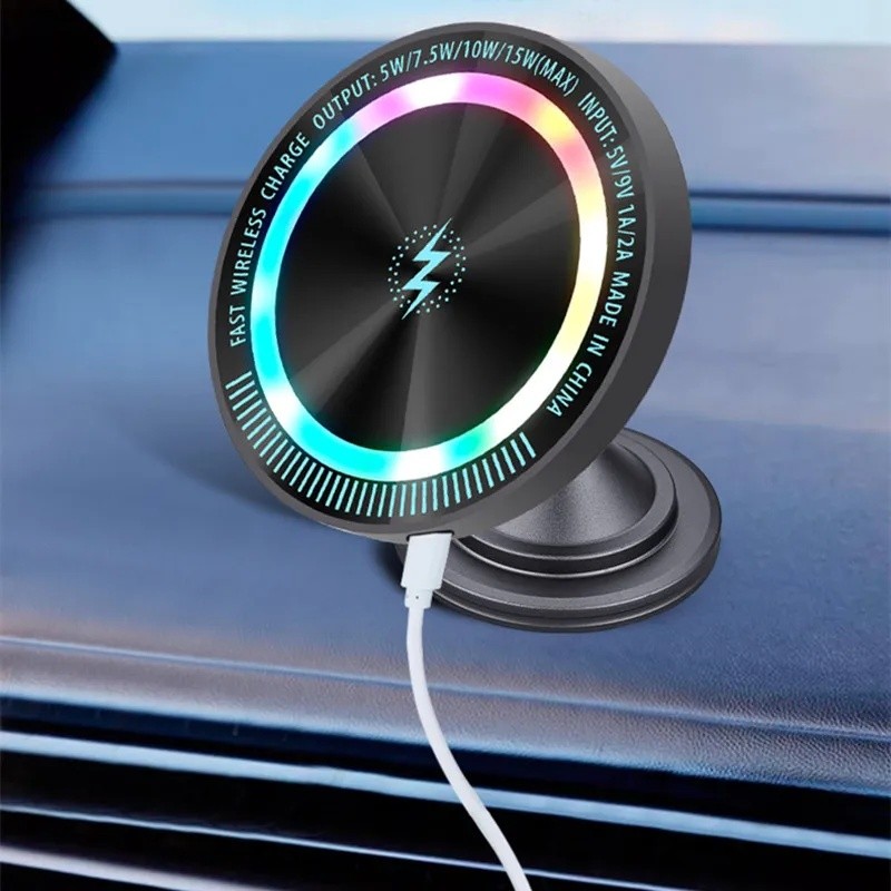 15W Magnetic Induction Charger Fast รถไร้สายชาร์จสําหรับ Samsung iPhone 15 Magsafe Macsafe ขาตั้งแดช