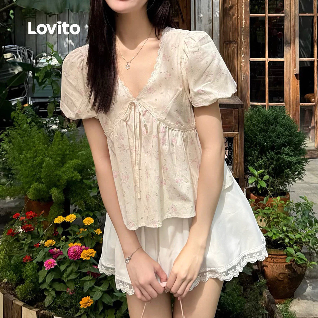 Lovito วันหยุด เสื้อเชิ้ตผู้หญิงลําลองลายลูกไม้ ผูกเชือก สําหรับฤดูใบไม้ผลิ/ฤดูร้อน สีแอปริคอท เกาหลี อินเทรนด์ LK3AD406