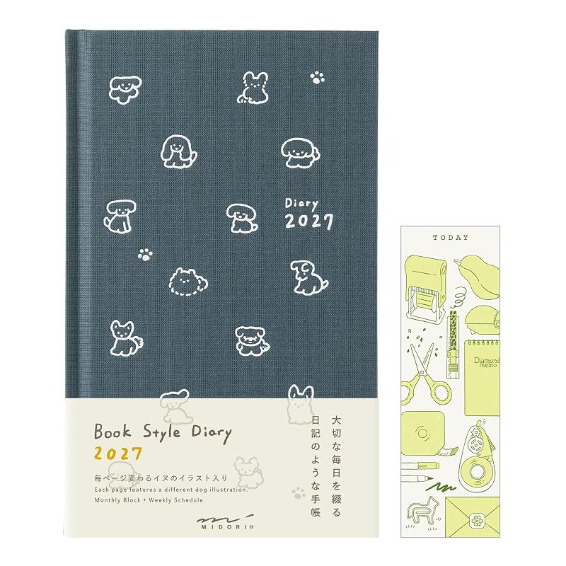Midori Book Style Diary 2027 B6 Variant Weekly Dog Pattern Limited Edition with Bookmark Navy 224790