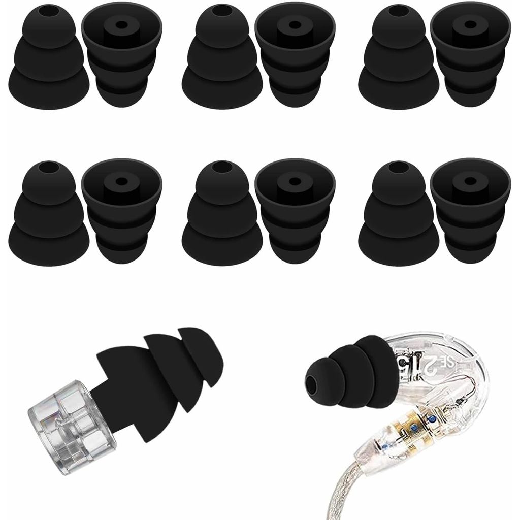 ขนาดใหญ่ 6 คู่ Triple Flange ใช้งานร่วมกับ Shure SE215 Pro Ear Tips, ลดเสียงรบกวนพร้อมปลั๊กอุดหู 2 ม