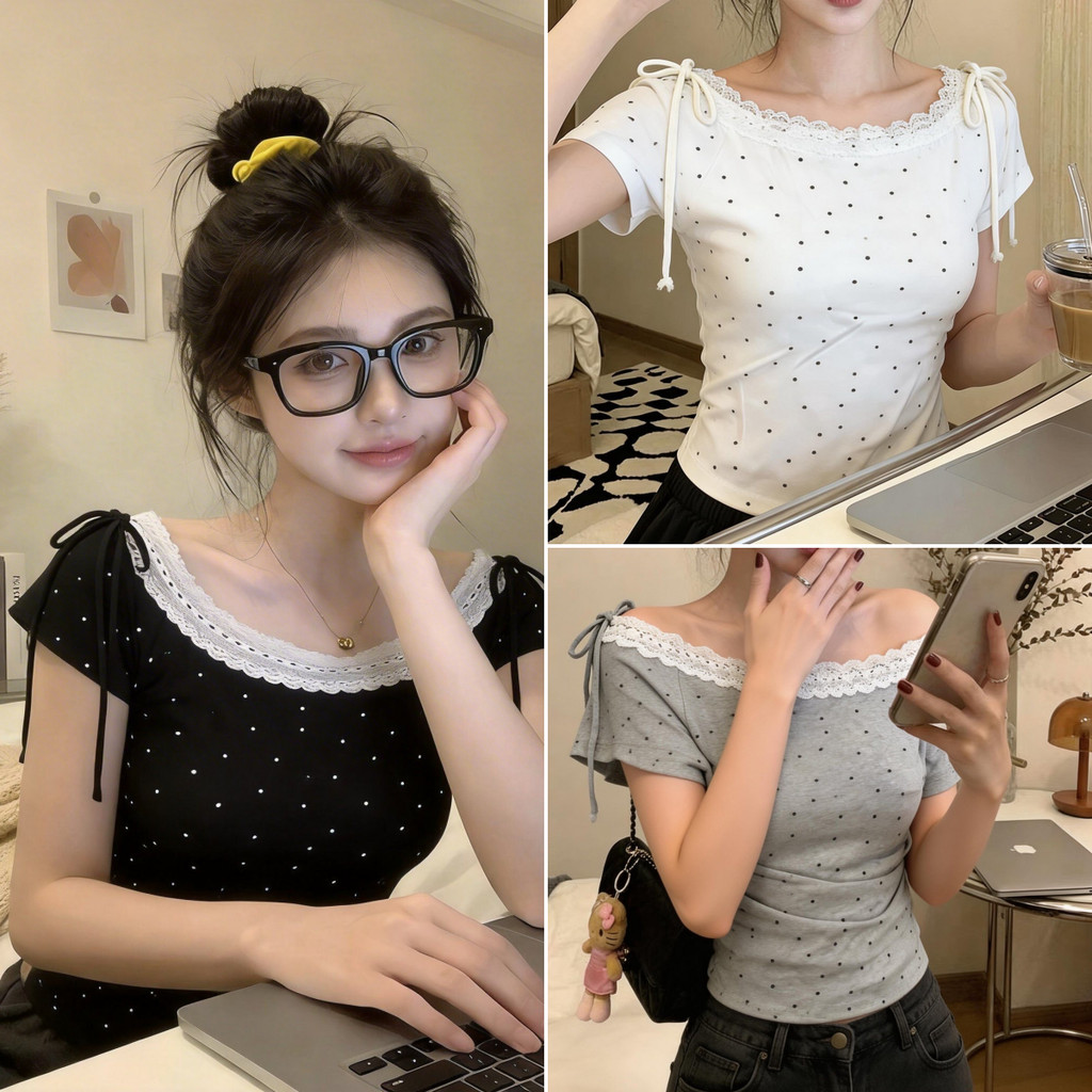 Bella Shop เสื้อยืดแขนสั้นผู้หญิง เสื้อยืดลายจุดคอเปิดไหล่ ทรงกระชับ ขอบลูกไม้ ผูกโบว์ที่ไหล่ หวานและเซ็กซี่