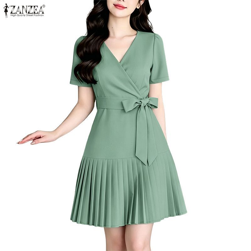 ZANZEA ใส่ ซานเซีย ผู้หญิงเกาหลีหรูหราคอวีเอวบางด้วยซิปด้านข้างไม่มีกระเป๋าแขนสั้นชุดชิ้นเดียว — صورة 6