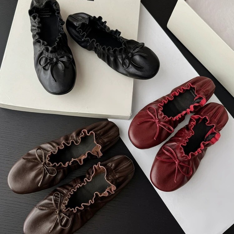 French Egg Roll Ballet Flat Shoes Women Round Toe Soft Leather Bow Soft Sole Slip-On Shoes