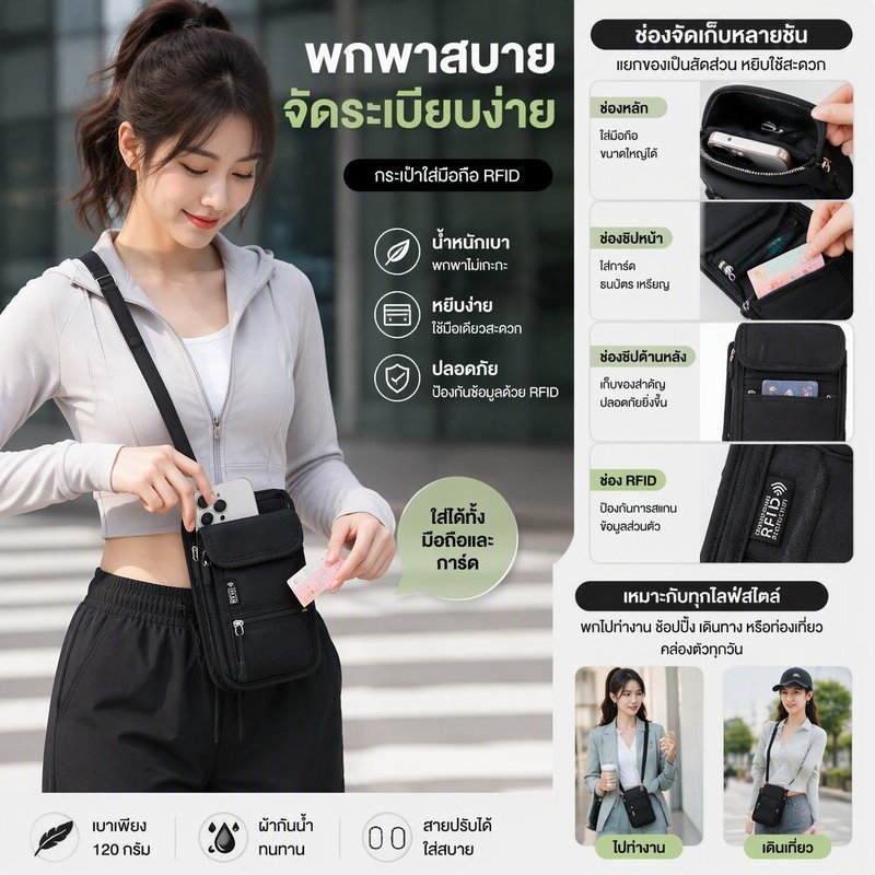 กระเป๋าซ่อนเงิน RFID กันขโมย ใส่พาสปอร์ต ใส่บัตร กระเป๋าสะพายข้าง กันน้ำ น้ำหนักเบา ช่องเยอะ