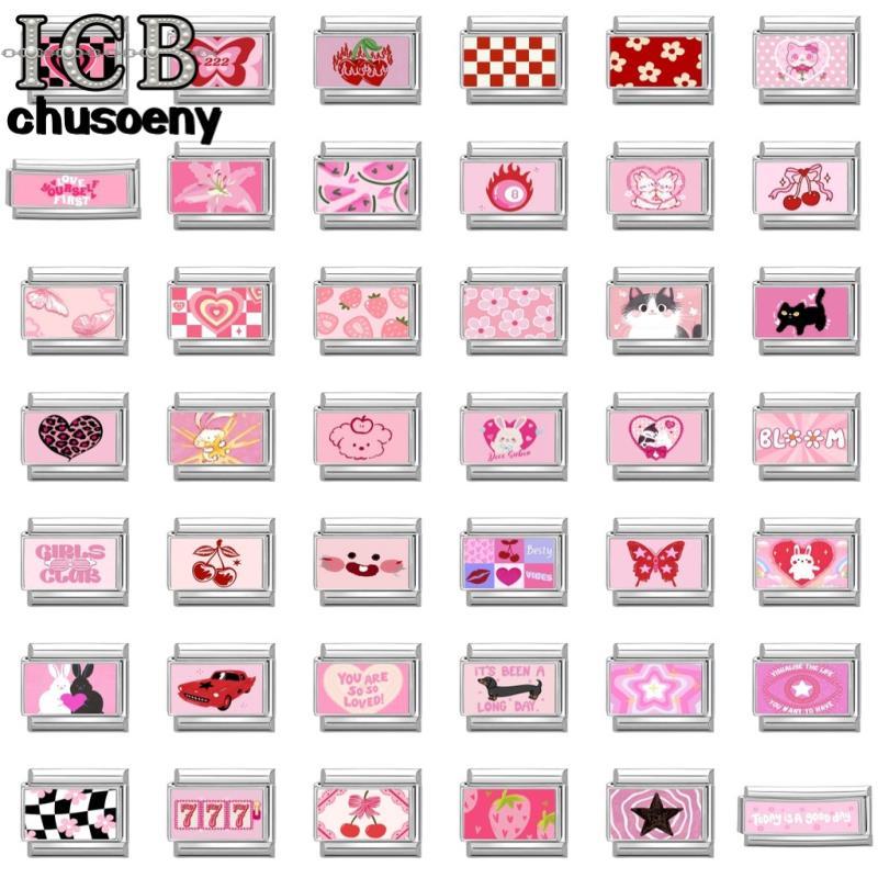 100 รูปแบบสีชมพูร้อนอิตาเลี่ยน Charm สร้อยข้อมือสร้อยข้อมือสแตนเลสเครื่องประดับทําอุปกรณ์เสริม DIY Retro บุคลิกภาพโมดูลสร้อยข้อมือ