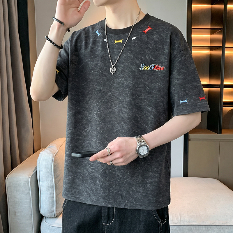 2026 Cool ผ้าไหมผ้าฝ้ายผู้ชาย Street สวมใส่เสื้อยืดแขนสั้นรอบคอครึ่งแขน Bottoming เสื้อเยาวชนพิมพ์ 2