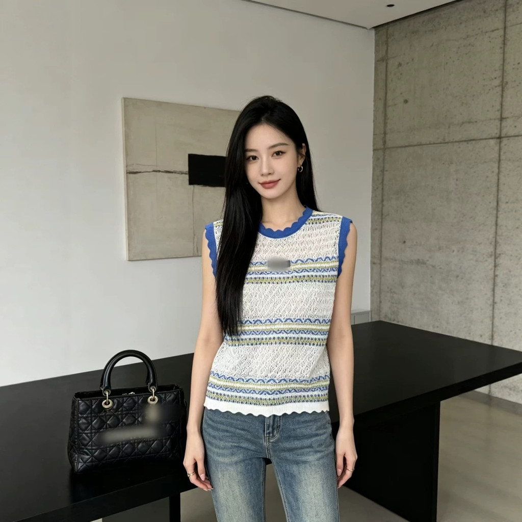 MMU * ฤดูร้อน Contrast สีลายรอบคอถักเสื้อกั๊กผู้หญิง