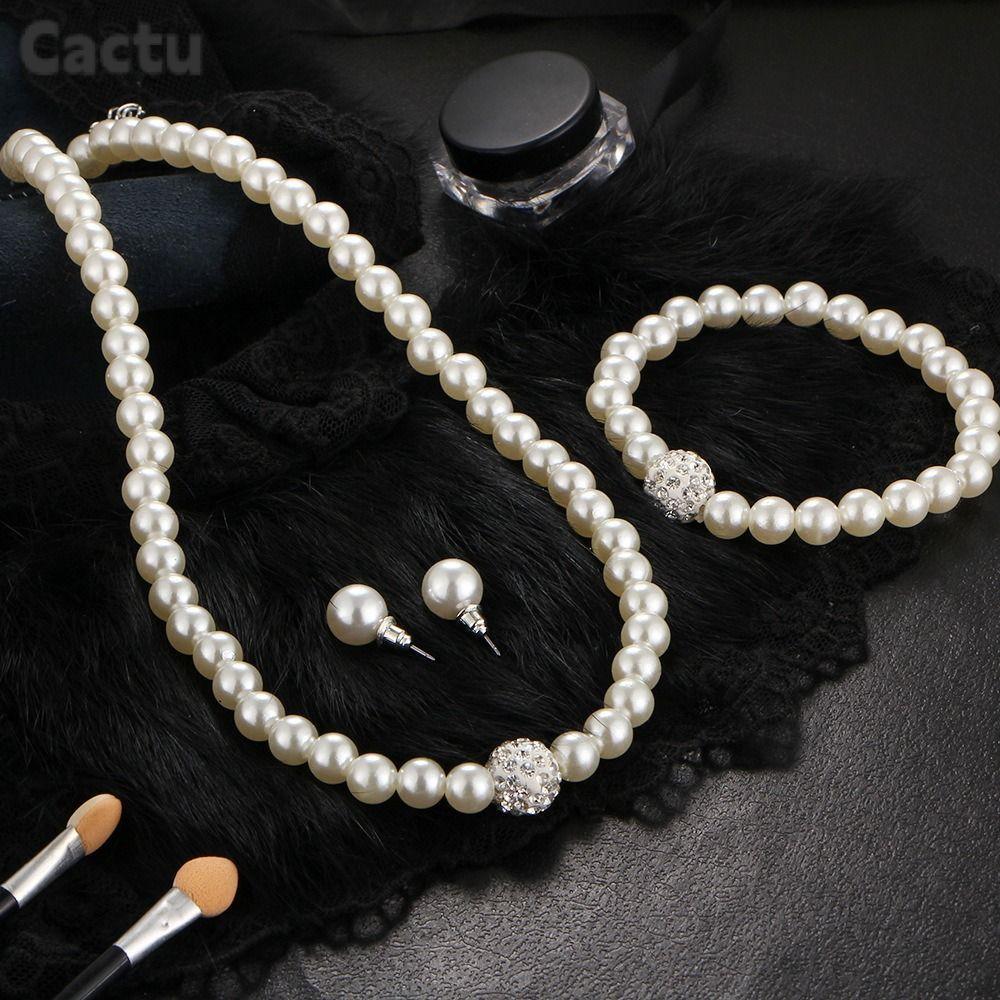 CACTU 3 ชิ้น/เซ็ตสร้อยคอมุกผู้หญิง,ต่างหูหรูหราสตั๊ดชุดเครื่องประดับมุกเทียม,คริสตัลลูกปัดตกแต่งเครื่องประดับงานแต่งงานสร้อยคอมุกเรียบง่ายต่างหูชุด
