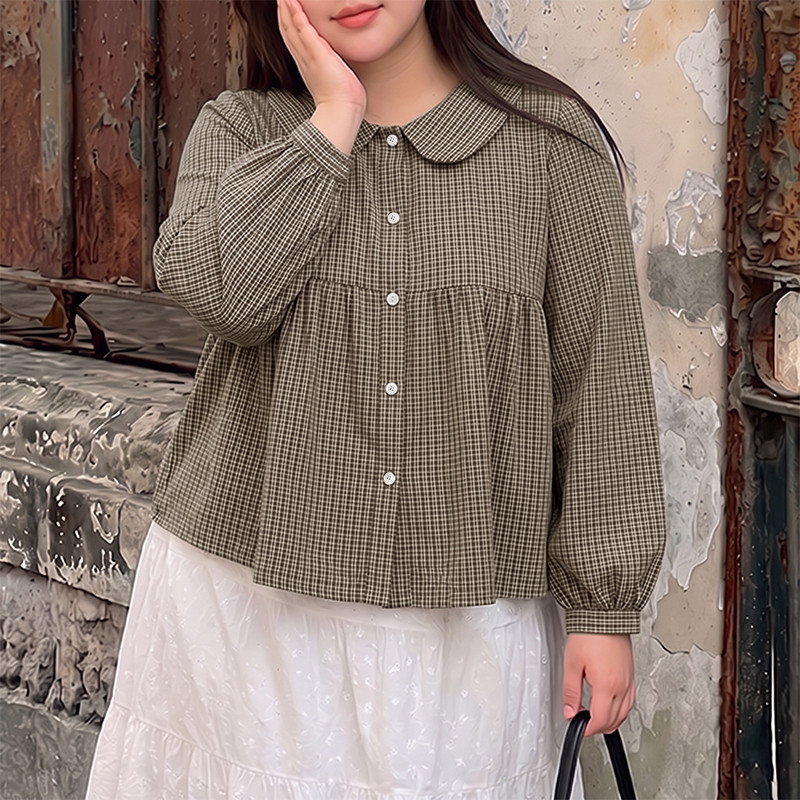 Vonda ผู้หญิงเกาหลีขนาดบวกอเนกประสงค์ลายสก๊อต Peter Pan Collar เสื้อเชิ้ตแขนยาวหลวม — صورة 5