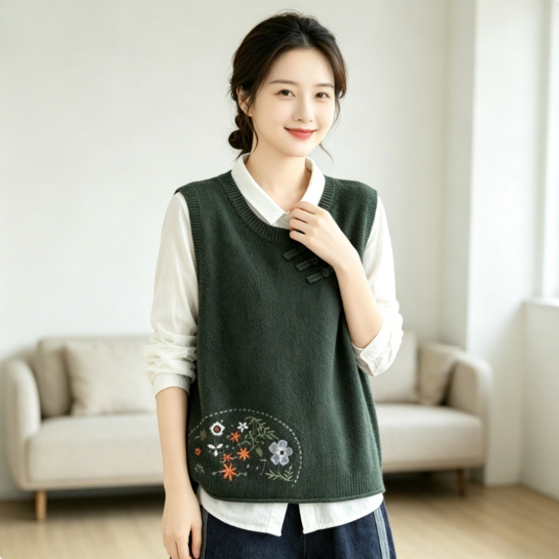 เสื้อกั๊กสตรีฤดูใบไม้ผลิฤดูใบไม้ร่วงแฟชั่นเวอร์ชั่นเกาหลีคอวีสีทึบเย็บปักถักร้อยดอกไม้เสื้อกั๊กไร้สาย