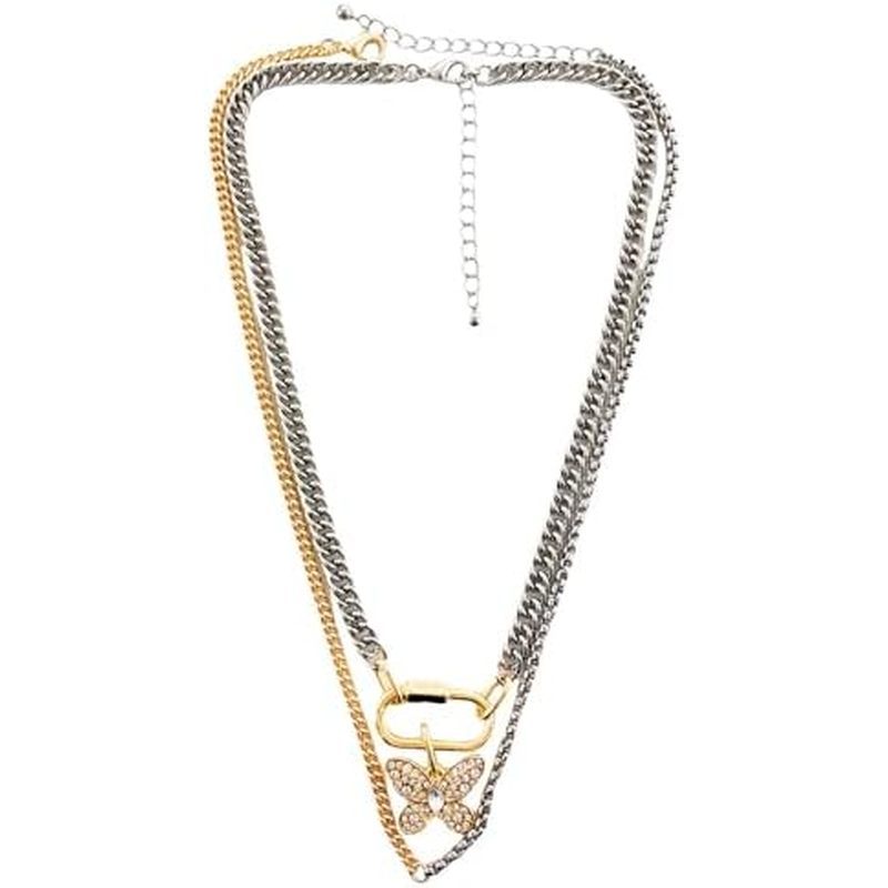 Gold Layered สร้อยคอผู้หญิง, 3PS Chunky Two Tone สร้อยคอเหรียญเงินจี้ Paperclip Stacked Chain อินเทร