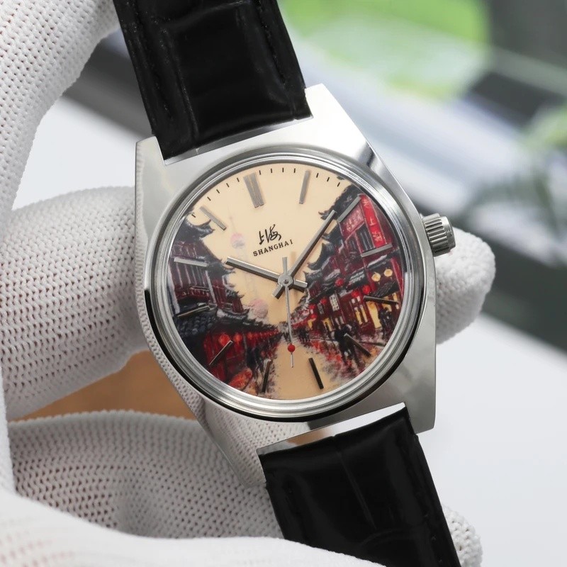 Shanghai 36 มม.Hand-Wind Mechanical Watch 7120 กันน้ํา Bauhaus Design นาฬิกาสําหรับชายเคลือบหน้าปัด